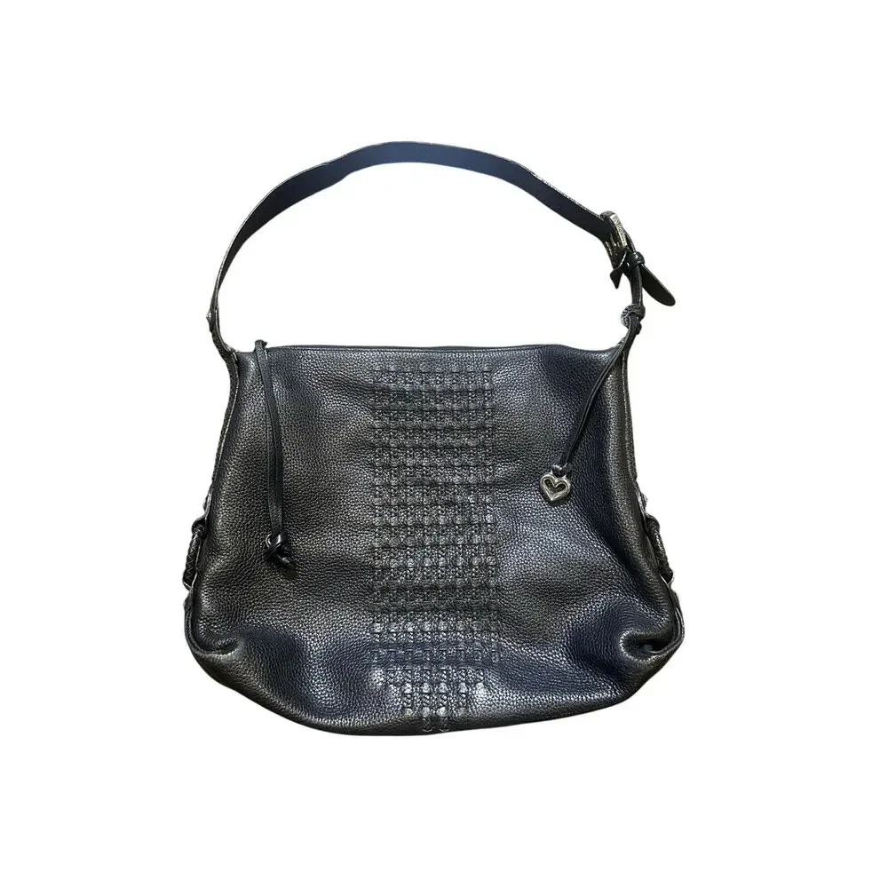 Brighton Black Leather Hobo Shoulder Bag Woven Center